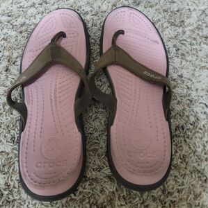 CROCS Pink and Brown Flip-Flops Sz 9